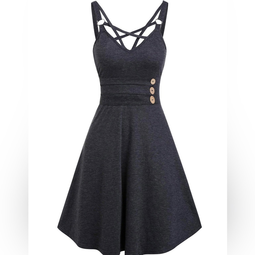 Dresslily Strappy Mock Button Open Back Casual Dress, Size 10, New With Tags